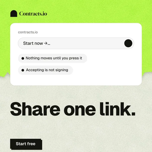 Instagram post for contracts.io: "Share one link." Paper trio style, bottom layout, light palette in white, green, grey.