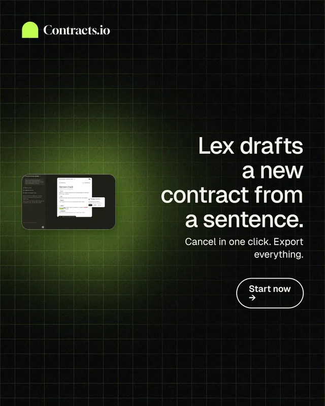 Instagram portrait post for contracts.io: "Lex drafts a new contract from a sentence." Phosphor atlas style, right layout, dark palette in black, green.
