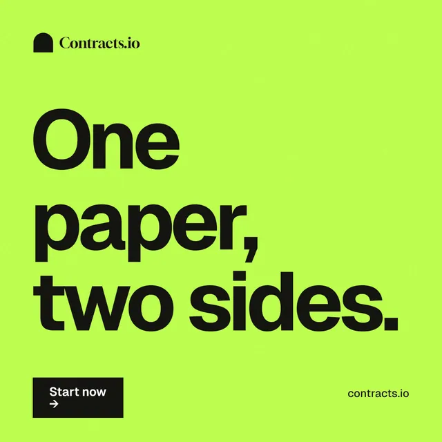 Instagram post for contracts.io: "One paper, two sides." Swiss style, poster layout, light palette in green.