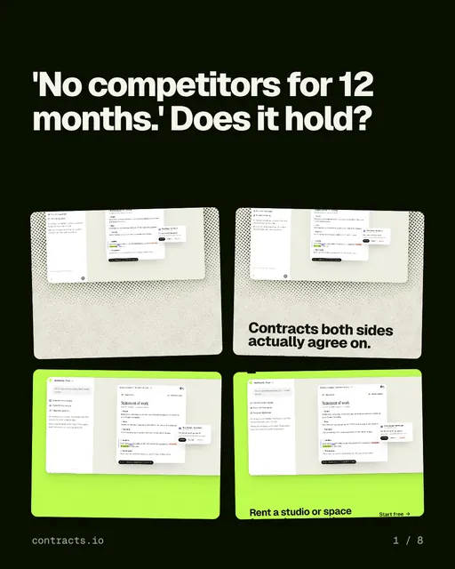 Carousel for contracts.io: "'No competitors for 12 months.' Does it hold?". Collection carousel, 8 slides, dark palette.