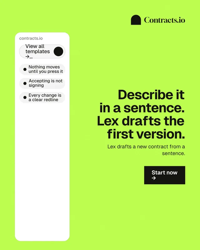Instagram portrait post for contracts.io: "Describe it in a sentence. Lex drafts the first version." Swiss style, right layout, light palette in green, white.