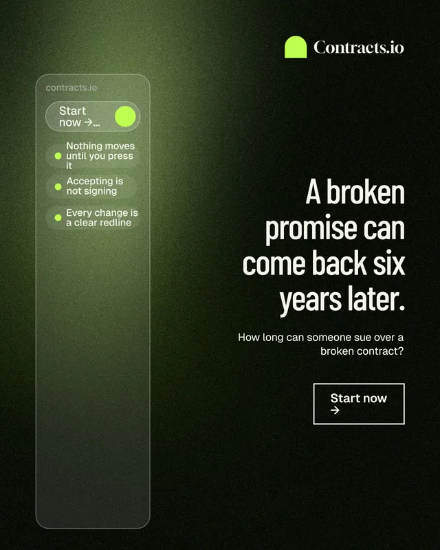 Instagram portrait post for contracts.io: "A broken promise can come back six years later." Dark deco style, right layout, dark palette in green, black.