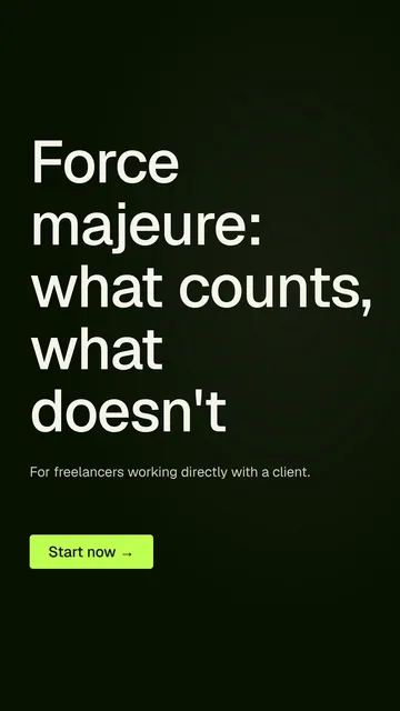 Video for contracts.io: "Force majeure: what counts, what doesn't". Doc motion loop, 8.0 s, dark palette.