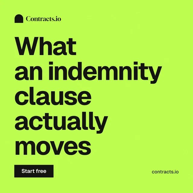 Instagram post for contracts.io: "What an indemnity clause actually moves". Swiss style, poster layout, light palette in green.