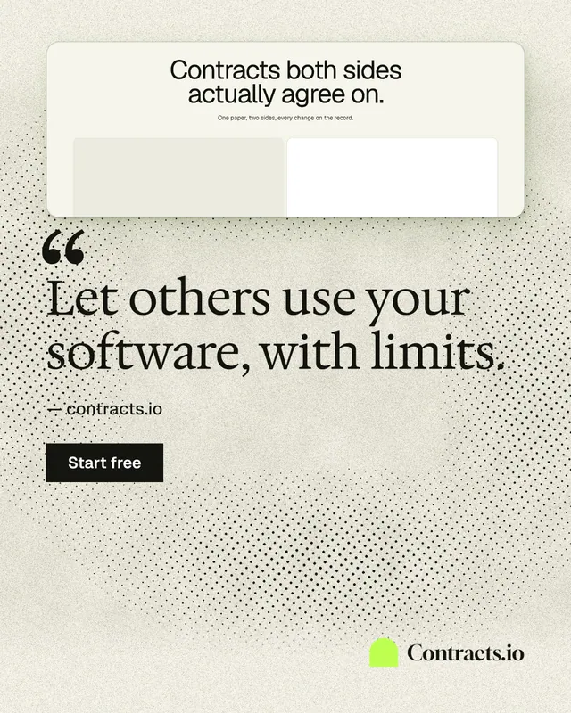 Instagram portrait post for contracts.io: "Let others use your software, with limits." Ink sticker style, quote layout, light palette in white, yellow, grey.