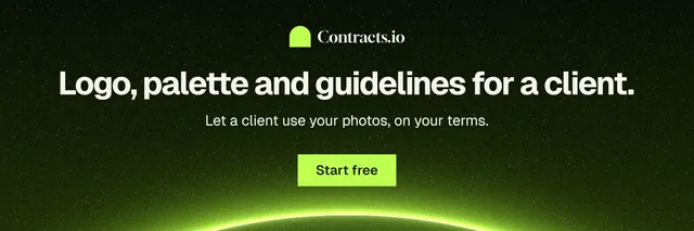 X header for contracts.io: "Logo, palette and guidelines for a client." Swiss style, centred layout, dark palette in black, green.