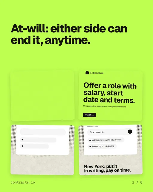 Carousel for contracts.io: "At-will: either side can end it, anytime.". Collection carousel, 8 slides, light palette.