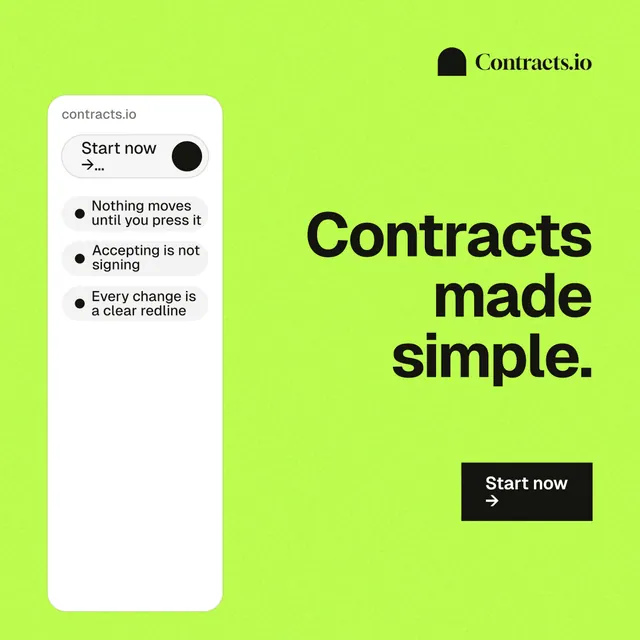 Instagram post for contracts.io: "Contracts made simple." Swiss style, right layout, light palette in green.
