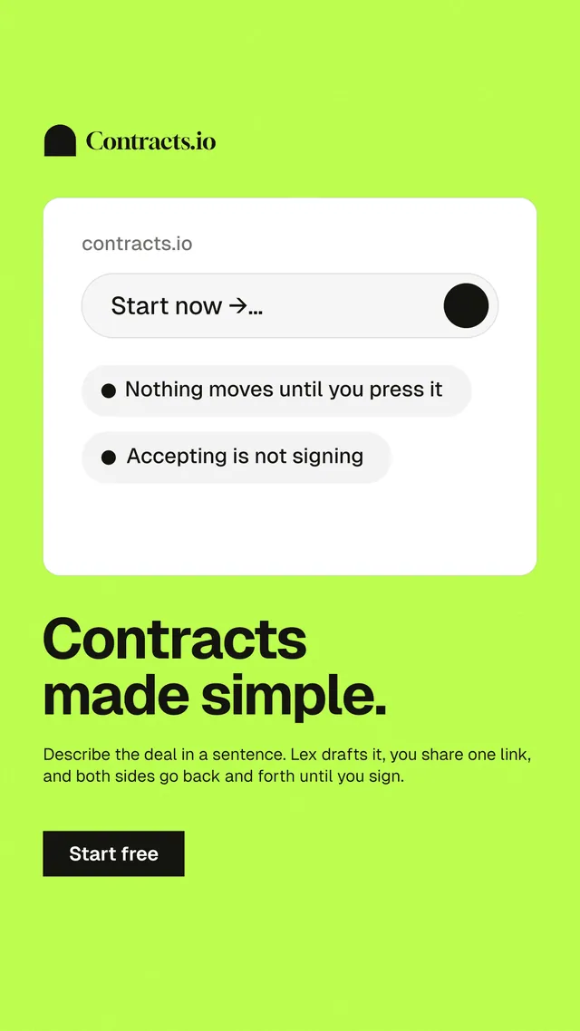 Instagram story for contracts.io: "Contracts made simple." Swiss style, bottom layout, light palette in green, white.