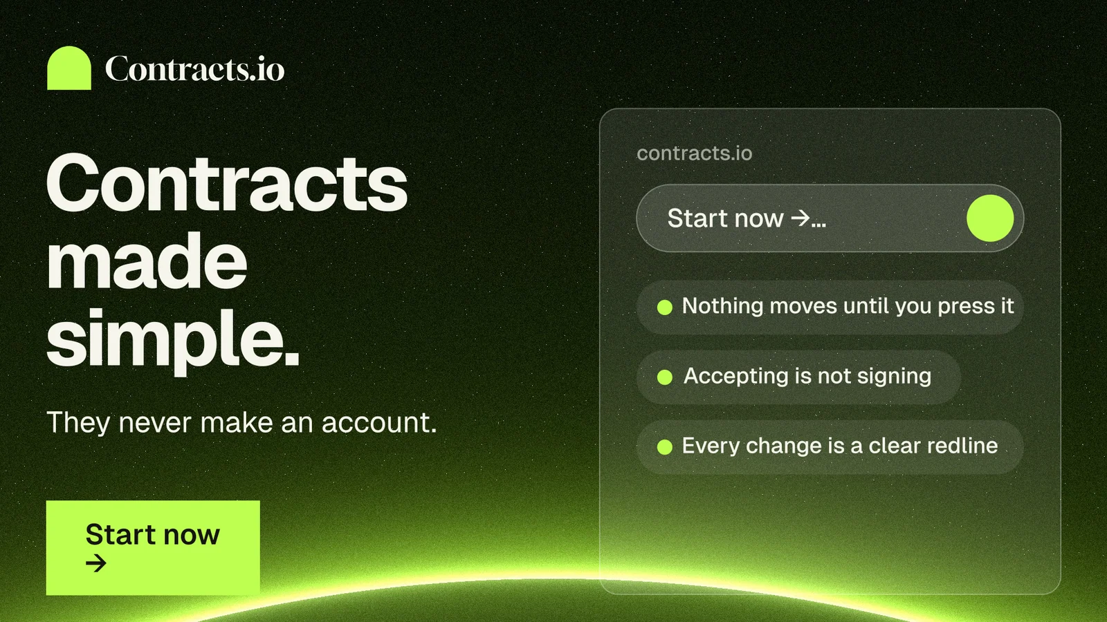 Landscape graphic for contracts.io: "Contracts made simple." Swiss style, bottom layout, dark palette in green, black.