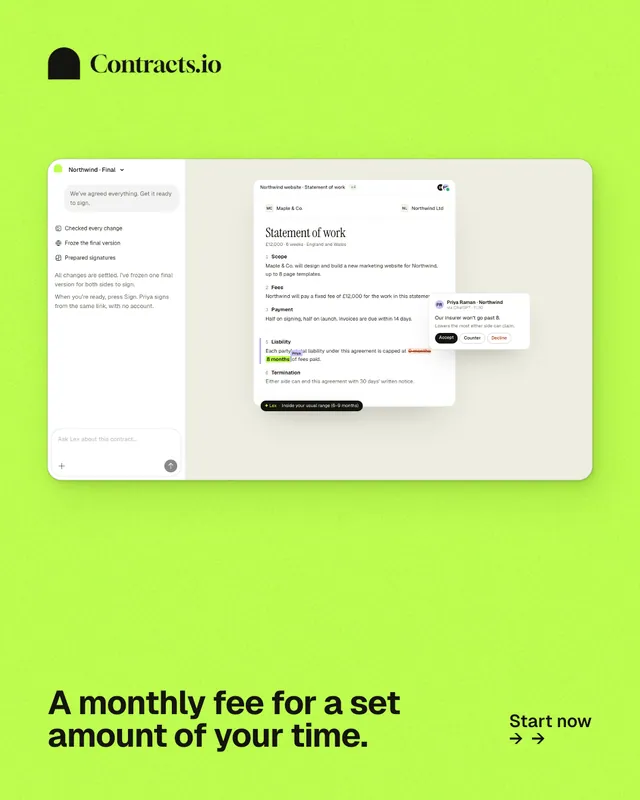 Instagram portrait post for contracts.io: "A monthly fee for a set amount of your time." Swiss style, image led layout, light palette in green.