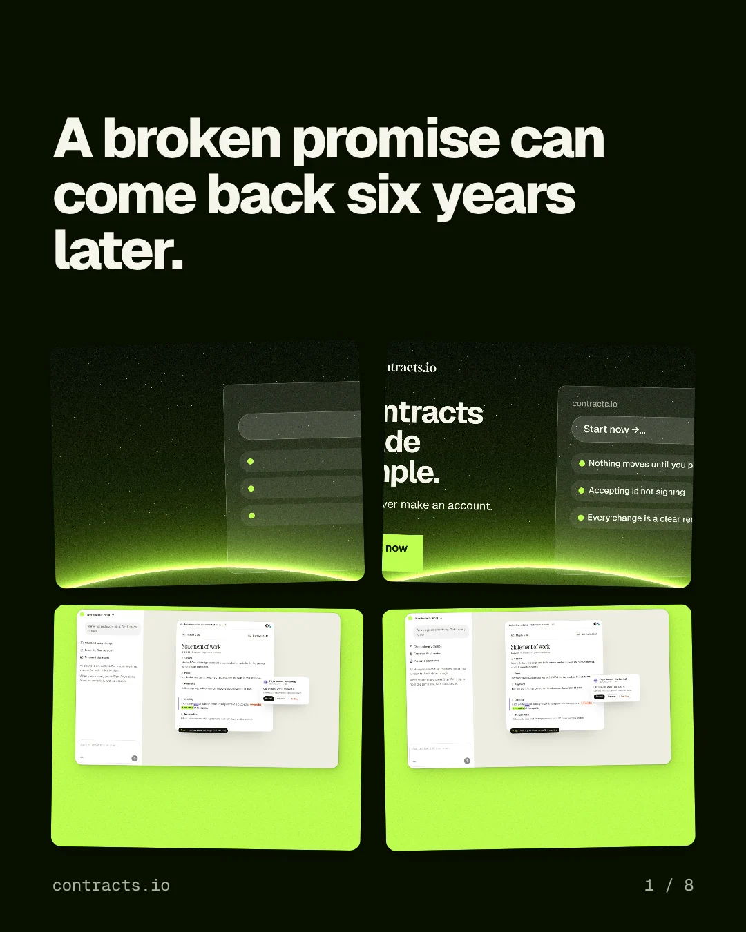 Carousel for contracts.io: "A broken promise can come back six years later.". Collection carousel, 8 slides, dark palette.