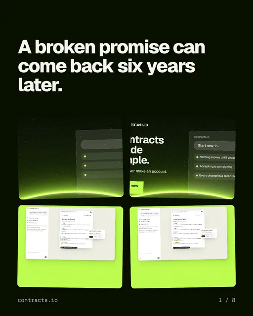Carousel for contracts.io: "A broken promise can come back six years later.". Collection carousel, 8 slides, dark palette.