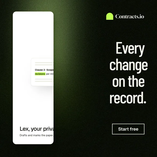 Instagram post for contracts.io: "Every change on the record." Dark deco style, right layout, dark palette in black, white, green.