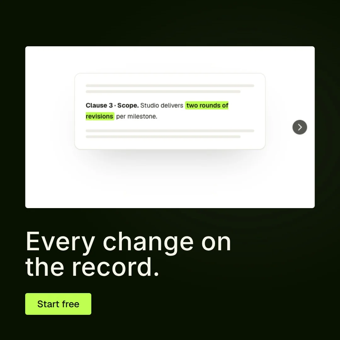 Video for contracts.io: "Every change on the record.". Doc motion loop, 6.0 s, light palette.