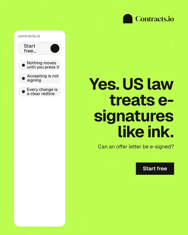 Instagram portrait post for contracts.io: "Yes. US law treats e-signatures like ink." Swiss style, right layout, light palette in green, white.