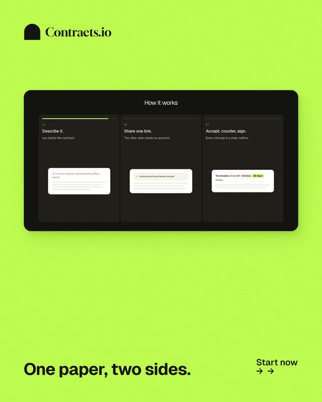 Instagram portrait post for contracts.io: "One paper, two sides." Swiss style, image led layout, light palette in green.