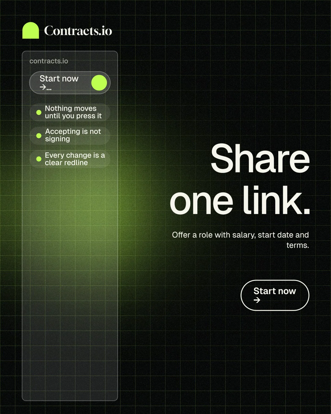 Instagram portrait post for contracts.io: "Share one link." Phosphor atlas style, right layout, dark palette in black, green.