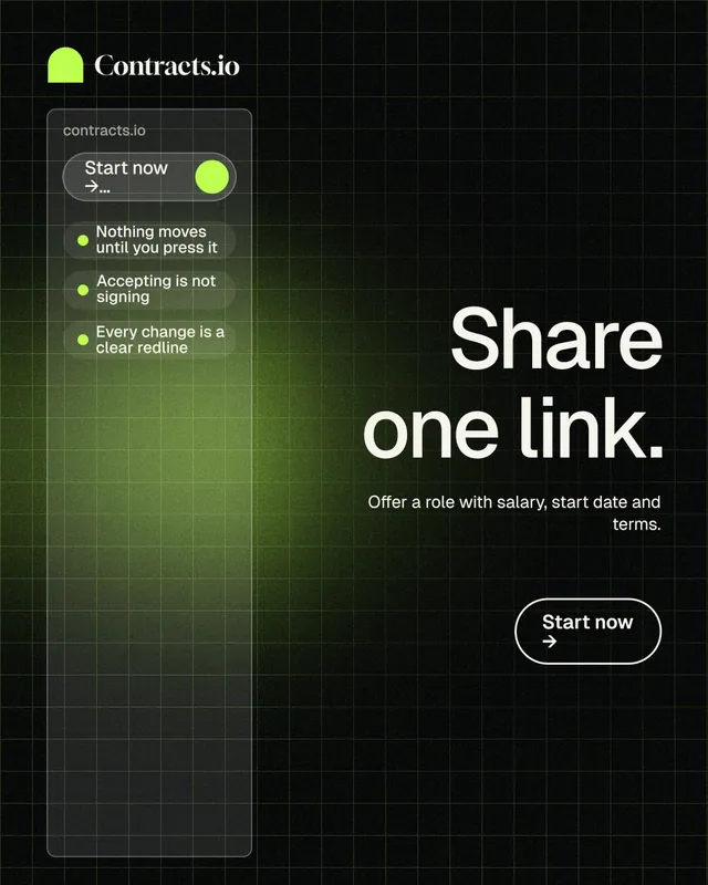 Instagram portrait post for contracts.io: "Share one link." Phosphor atlas style, right layout, dark palette in black, green.
