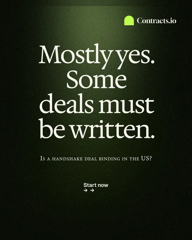 Instagram portrait post for contracts.io: "Mostly yes. Some deals must be written." Dark deco style, smallcaps layout, dark palette in black, grey.