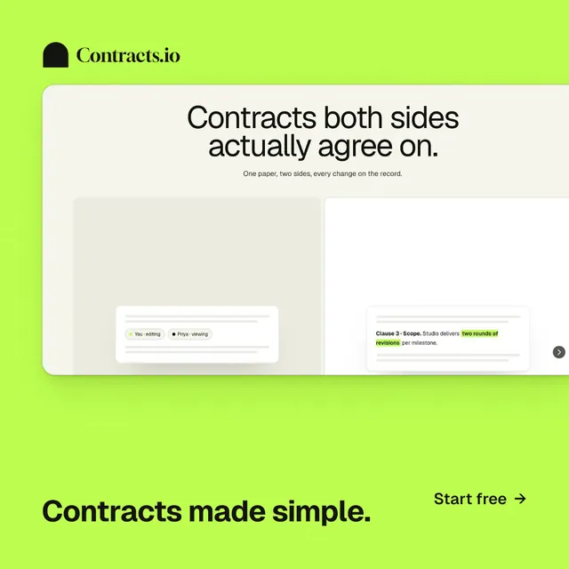 Instagram post for contracts.io: "Contracts made simple." Swiss style, image led layout, light palette in green.