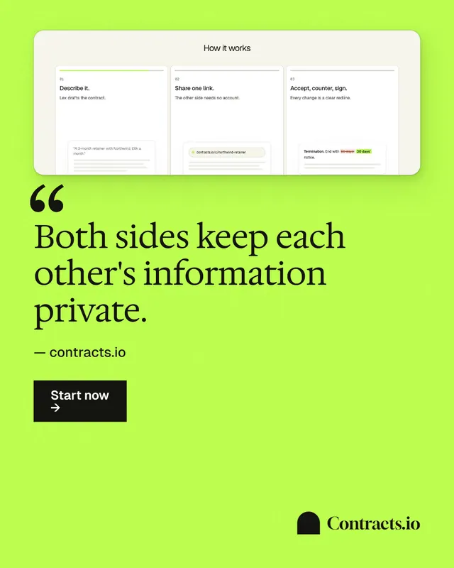 Instagram portrait post for contracts.io: "Both sides keep each other's information private." Swiss style, quote layout, light palette in green, white.