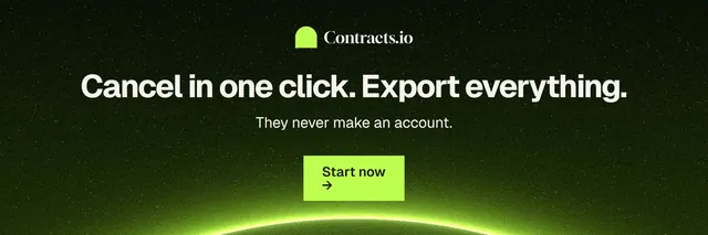X header for contracts.io: "Cancel in one click. Export everything." Swiss style, centred layout, dark palette in black, green.