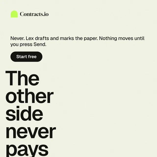 Instagram post for contracts.io: "The other side never pays." Data card style, oversized layout, light palette in white, grey.