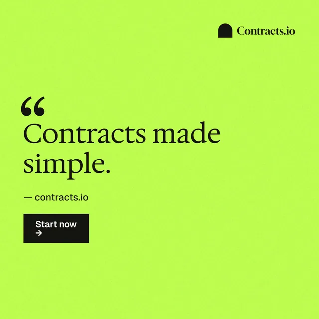 Instagram post for contracts.io: "Contracts made simple." Swiss style, quote layout, light palette in green.