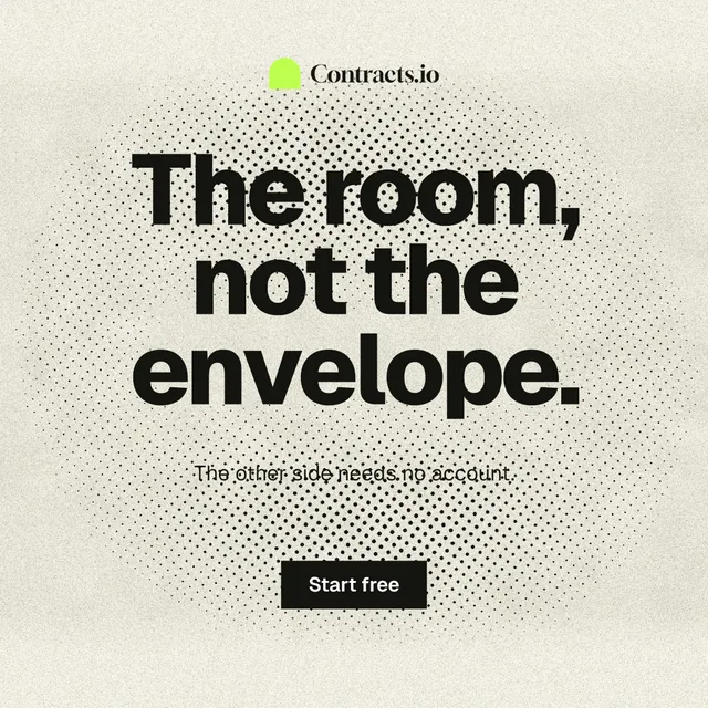 Instagram post for contracts.io: "The room, not the envelope." Ink sticker style, centred layout, light palette in white, yellow, grey.
