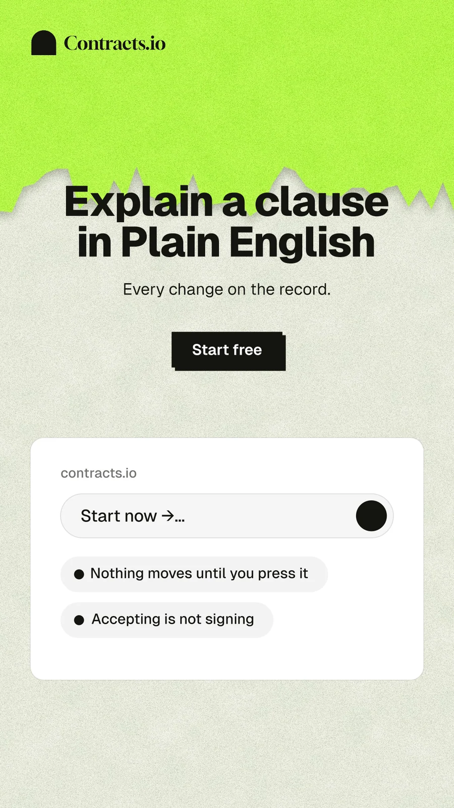 Instagram story for contracts.io: "Explain a clause in Plain English". Paper trio style, centred layout, light palette in green, white, grey.