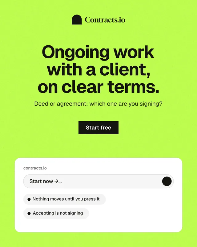 Instagram portrait post for contracts.io: "Ongoing work with a client, on clear terms." Swiss style, centred layout, light palette in green.