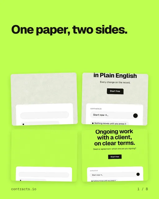 Carousel for contracts.io: "One paper, two sides.". Collection carousel, 8 slides, light palette.