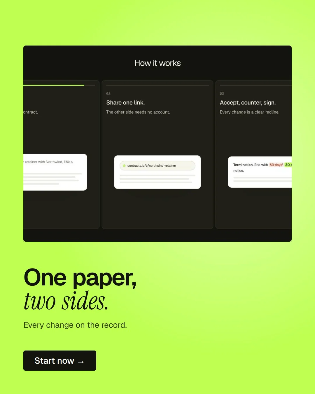 Video for contracts.io: "One paper, two sides.". Doc motion loop, 7.0 s, light palette.