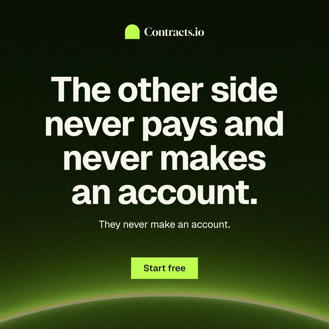 Instagram post for contracts.io: "The other side never pays and never makes an account." Swiss style, centred layout, dark palette in black, green.