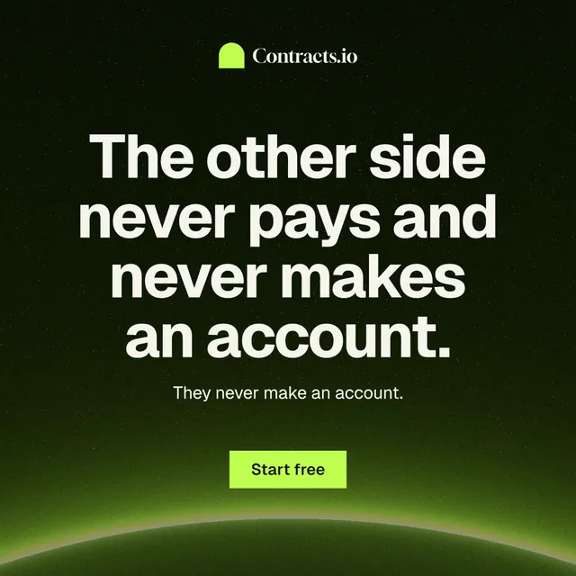 Instagram post for contracts.io: "The other side never pays and never makes an account." Swiss style, centred layout, dark palette in black, green.