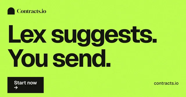 Social ad for contracts.io: "Lex suggests. You send." Swiss style, poster layout, light palette in green.
