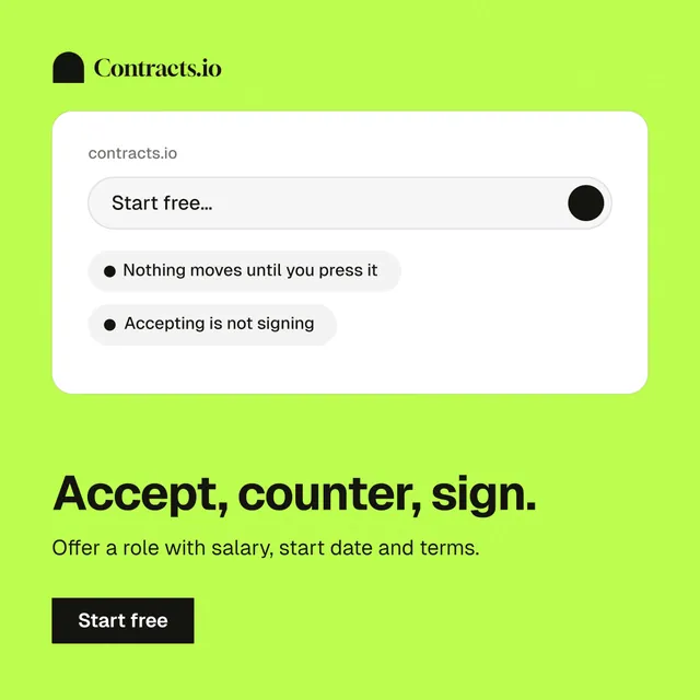 Instagram post for contracts.io: "Accept, counter, sign." Swiss style, bottom layout, light palette in green, white.