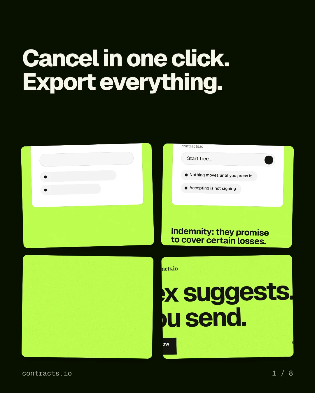 Carousel for contracts.io: "Cancel in one click. Export everything.". Collection carousel, 8 slides, dark palette.