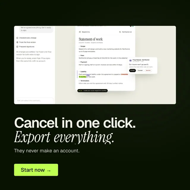 Video for contracts.io: "Cancel in one click. Export everything.". Doc motion loop, 7.0 s, dark palette.