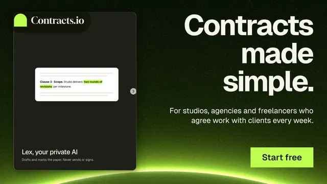 Landscape graphic for contracts.io: "Contracts made simple." Swiss style, right layout, dark palette in black, green.