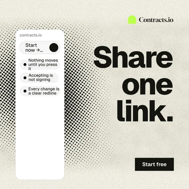 Instagram post for contracts.io: "Share one link." Ink sticker style, right layout, light palette in yellow, white, grey.