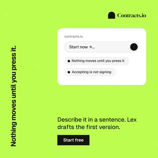 Instagram post for contracts.io: "Nothing moves until you press it." Swiss style, vertical layout, light palette in green, white.