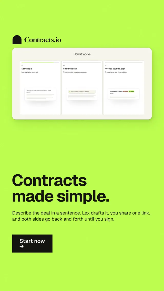 Instagram story for contracts.io: "Contracts made simple." Swiss style, bottom layout, light palette in green.
