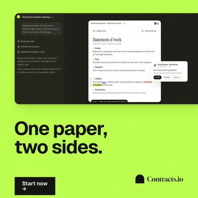Instagram post for contracts.io: "One paper, two sides." Swiss style, bottom layout, light palette in black, green.