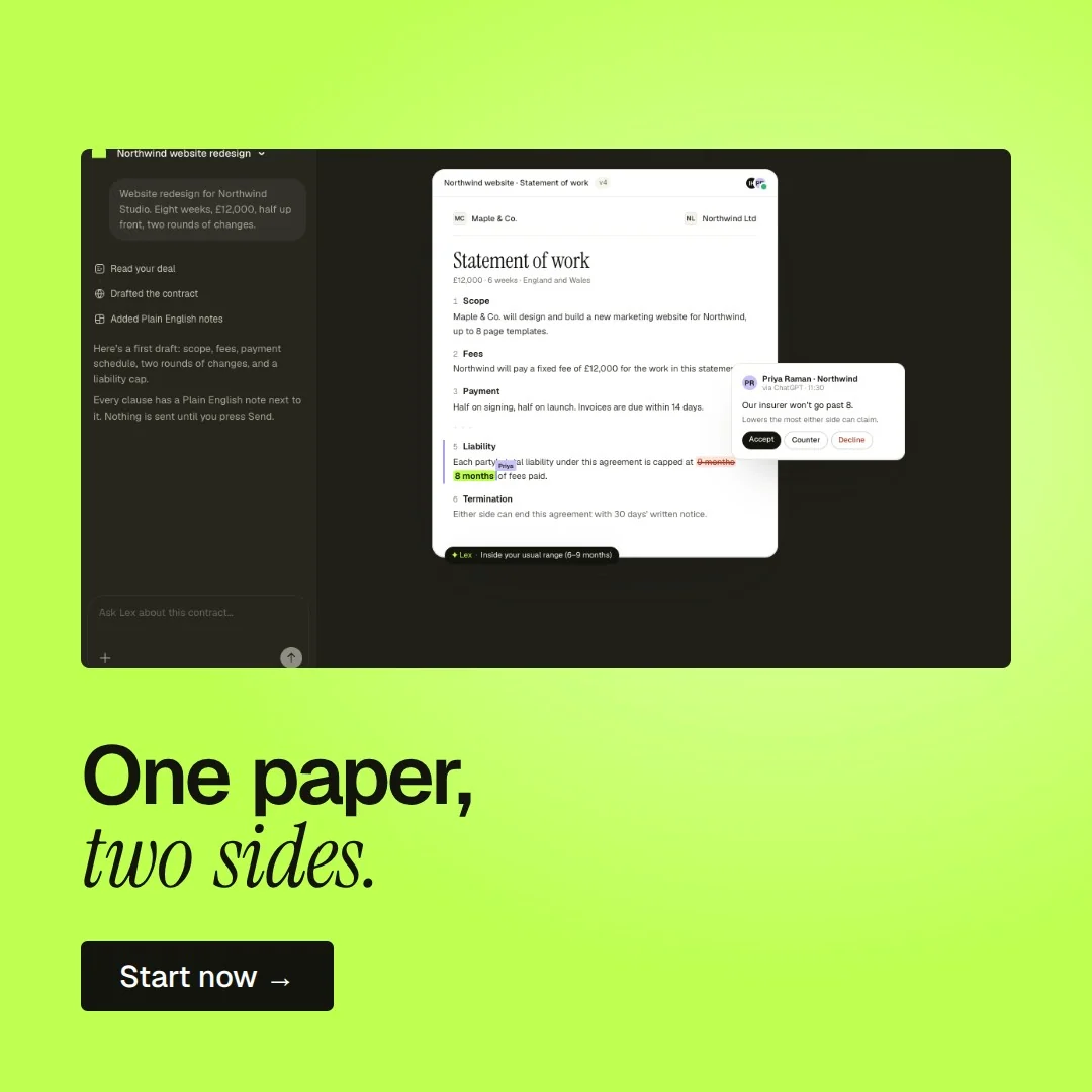 Video for contracts.io: "One paper, two sides.". Doc motion loop, 6.0 s, light palette.
