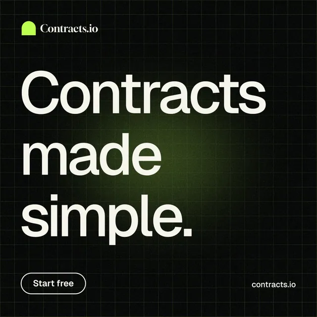 Instagram post for contracts.io: "Contracts made simple." Phosphor atlas style, poster layout, dark palette in black, grey.
