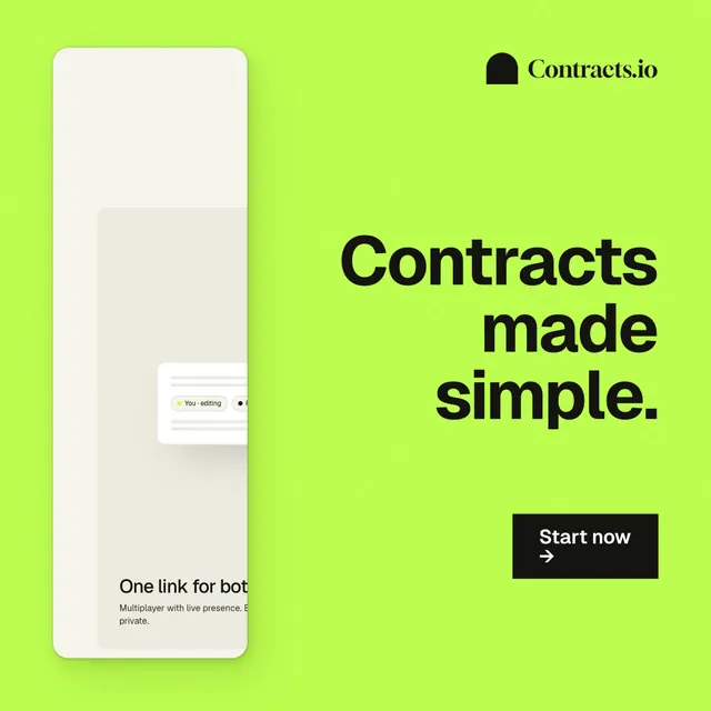 Instagram post for contracts.io: "Contracts made simple." Swiss style, right layout, light palette in green.