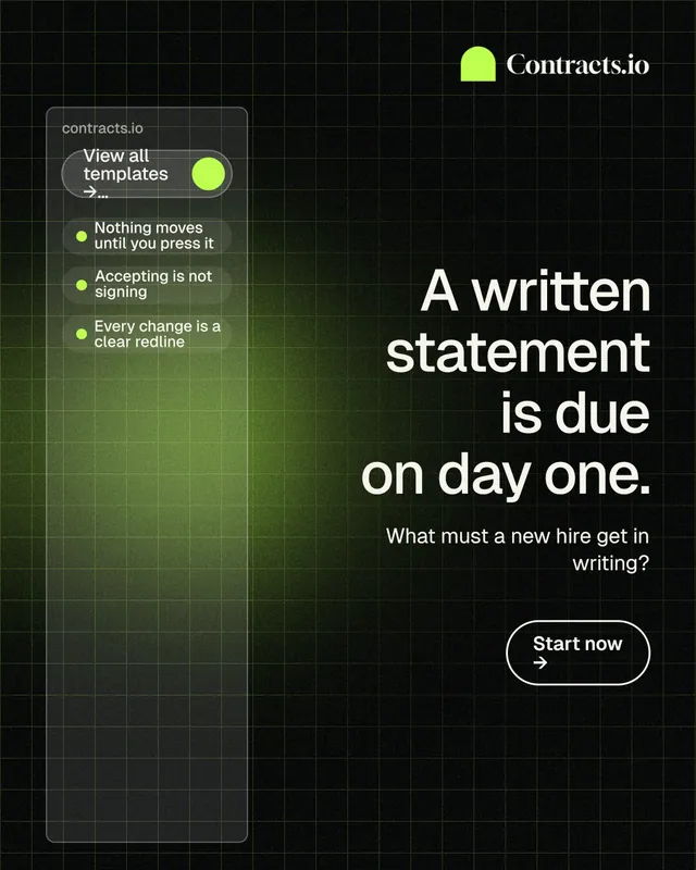 Instagram portrait post for contracts.io: "A written statement is due on day one." Phosphor atlas style, right layout, dark palette in black, green.