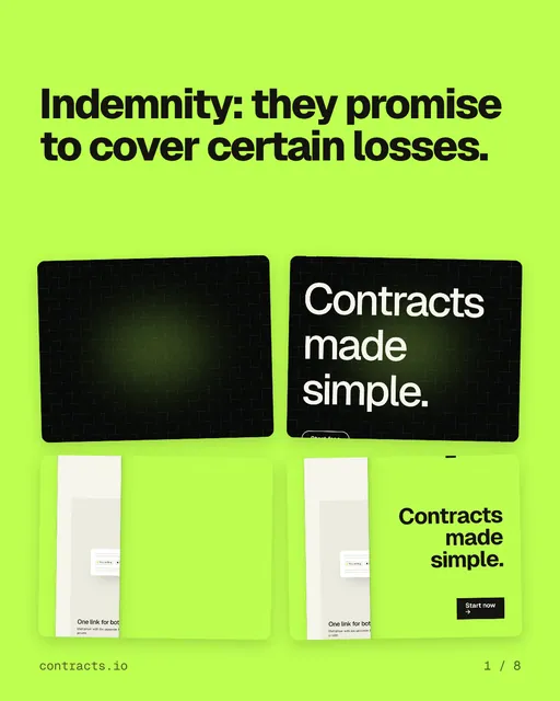 Carousel for contracts.io: "Indemnity: they promise to cover certain losses.". Collection carousel, 8 slides, light palette.